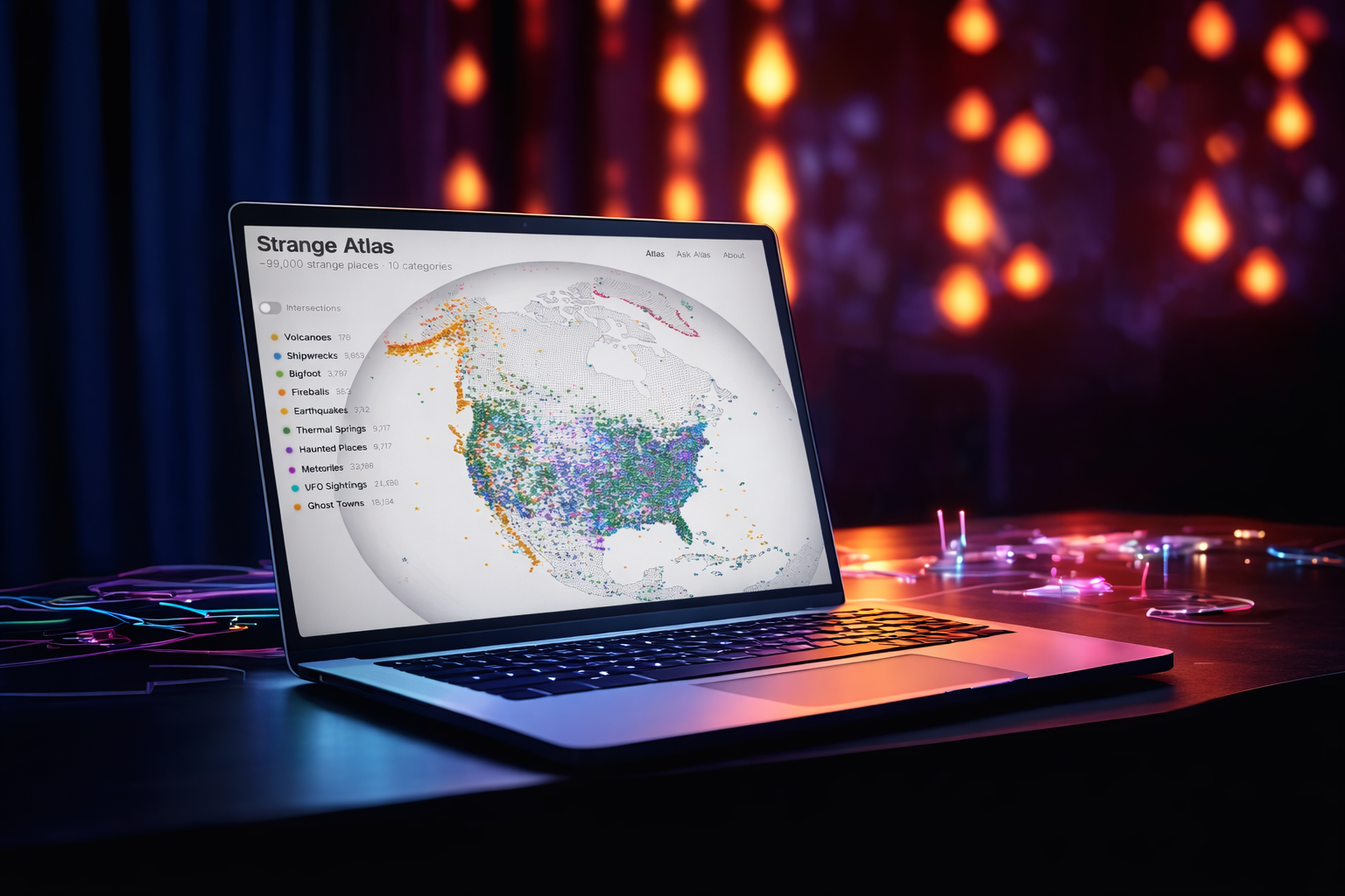 Strange Atlas globe overview on laptop
